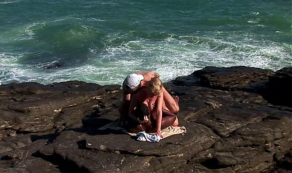 Interraciol trio with sexy blonde on the rocks at the beach amateur
